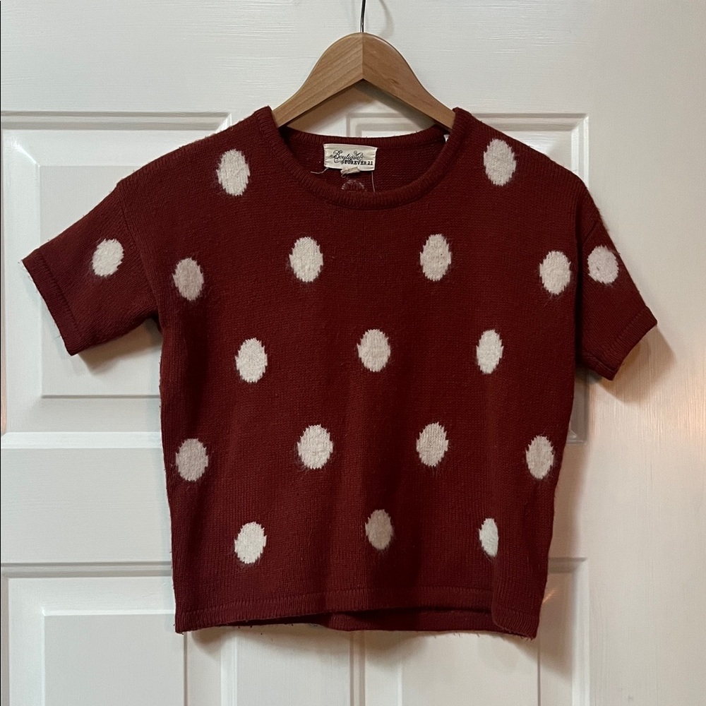 Forever 21 Short Sleeve Polka Dot Sweater - Burgundy and White
